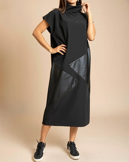Kleid Hoher Kragen Pu Patchwork Kurzarm