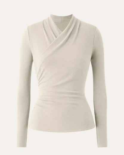 Top Kreuz V-Ausschnitt Plissierte Taille Langarm