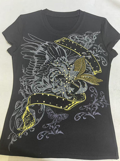 Black vintage print T-shirt with rhinestones and short sleeve