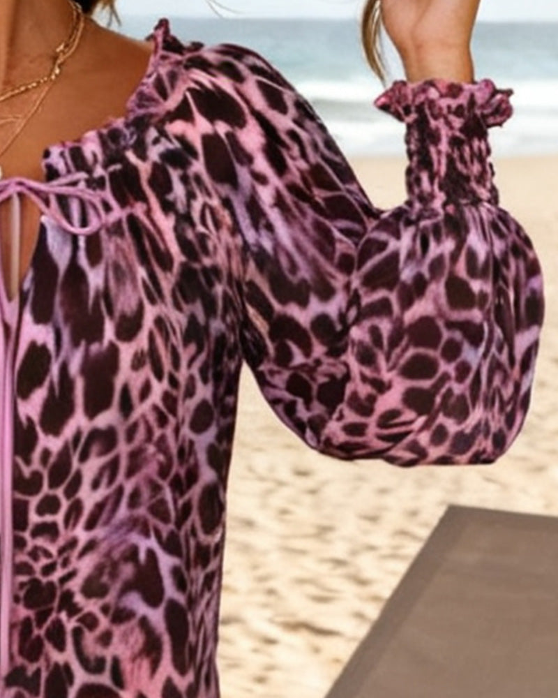 bluse Laternenärmel mit Schleife Leopardenmuster