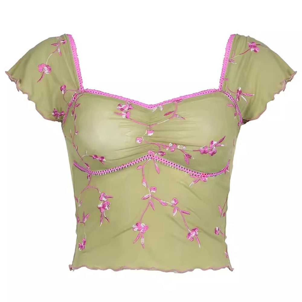 Grünes Französisches Sommer Blumenprint Crop Top