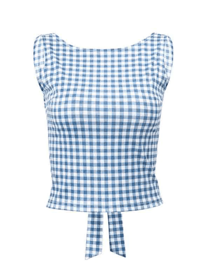 Y2K Houndstooth Print Rückenfreie Schleife Dekor Tank Top