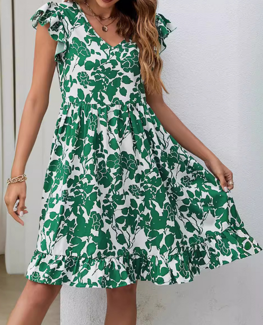 White and green floral V-neck summer dress - Isabella