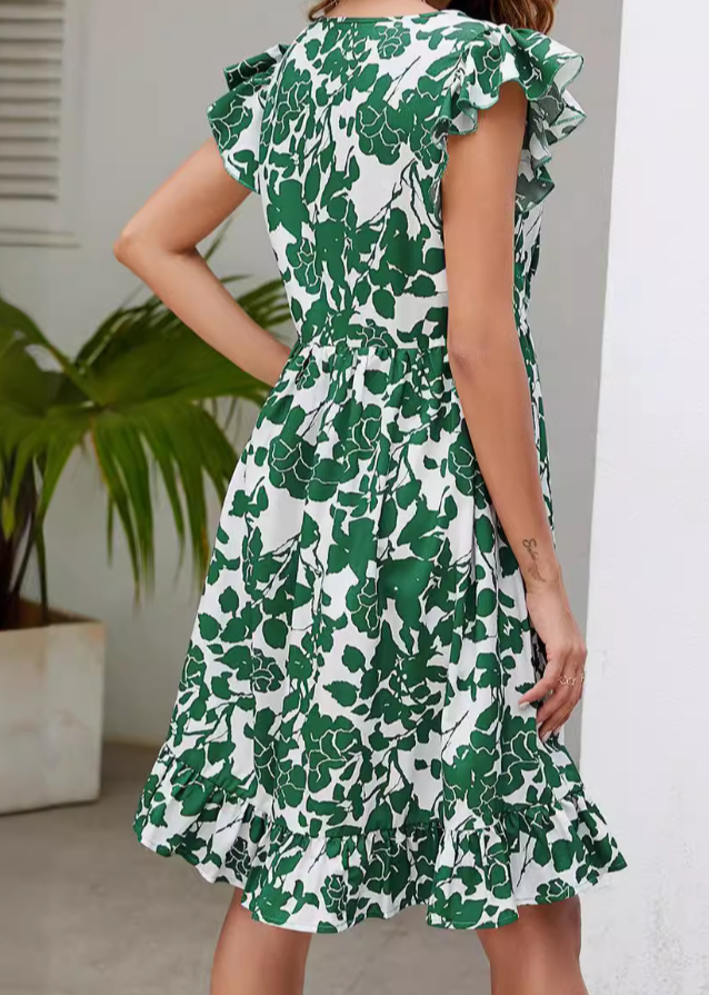 White and green floral V-neck summer dress - Isabella