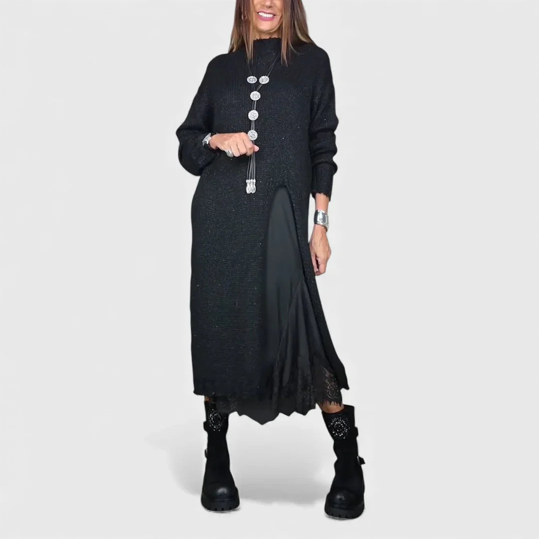Long-sleeved loose split-hem faux two-piece sweater dress