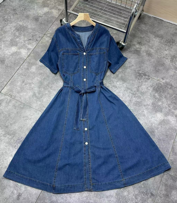 Blue denim dress with belt - Anna