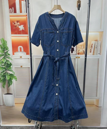 Blue denim dress with belt - Anna