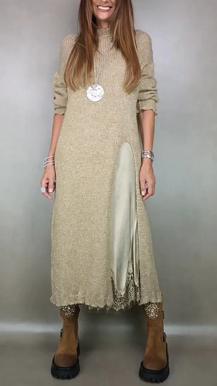 Long-sleeved loose split-hem faux two-piece sweater dress