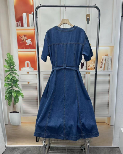 Blue denim dress with belt - Anna