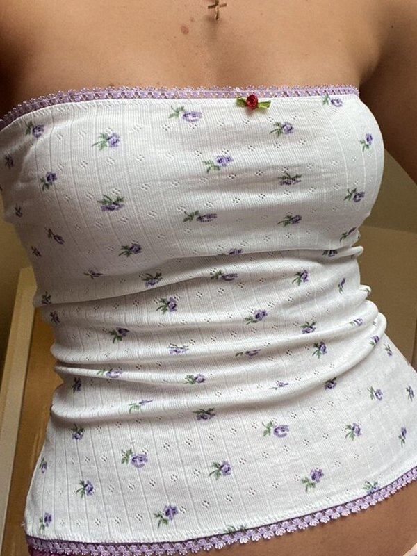 Einfarbiges Vintage Blumenmuster Bandeau Top