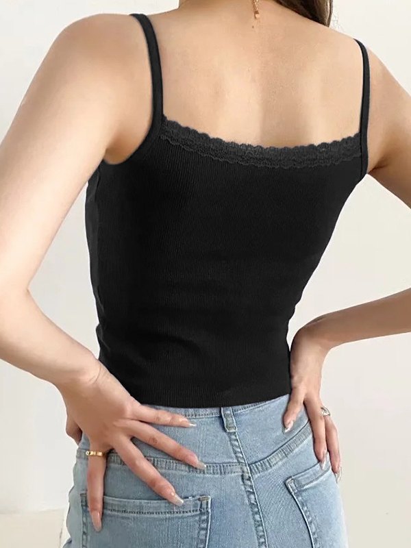 Einfarbiges Y2k Spitzenbesetztes Crop Cami Top
