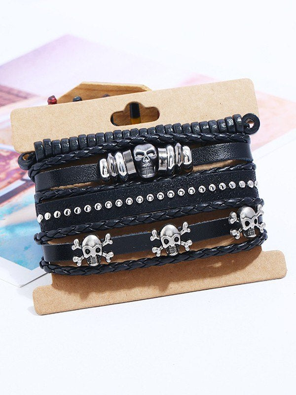 4 Stück Schwarzes Punk Totenkopf Pu Leder Armband Set