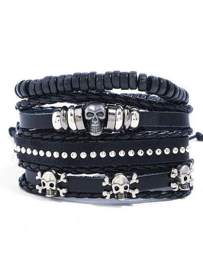 4 Stück Schwarzes Punk Totenkopf Pu Leder Armband Set