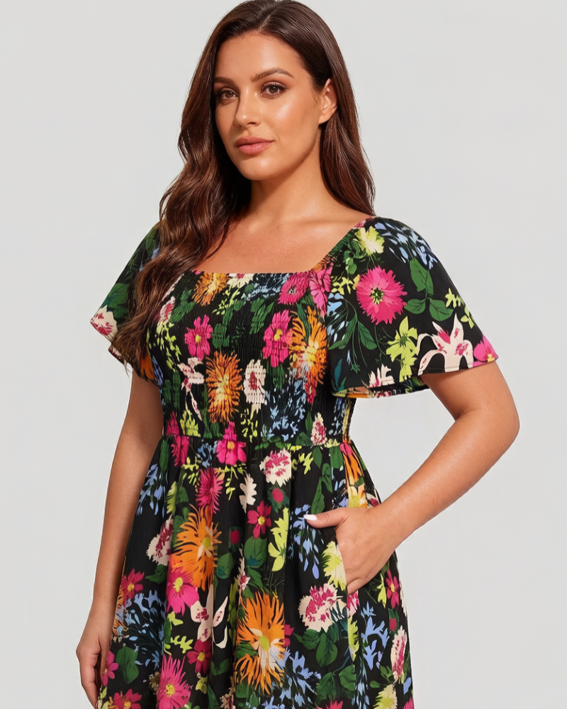 ⏰Sommer Heißer Verkauf 70% RABATT💃Geblümtes Smock-Kleid mit eckigem Ausschnitt und Taschen