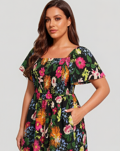 ⏰Sommer Heißer Verkauf 70% RABATT💃Geblümtes Smock-Kleid mit eckigem Ausschnitt und Taschen