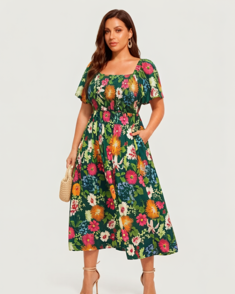 ⏰Sommer Heißer Verkauf 70% RABATT💃Geblümtes Smock-Kleid mit eckigem Ausschnitt und Taschen