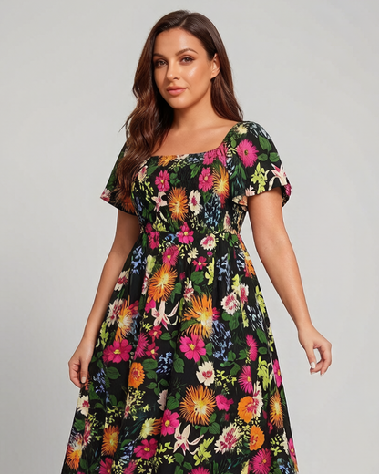 ⏰Sommer Heißer Verkauf 70% RABATT💃Geblümtes Smock-Kleid mit eckigem Ausschnitt und Taschen