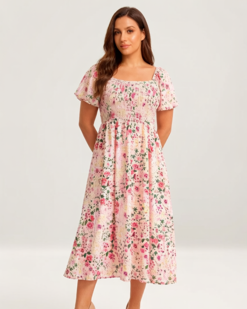 ⏰Sommer Heißer Verkauf 70% RABATT💃Geblümtes Smock-Kleid mit eckigem Ausschnitt und Taschen