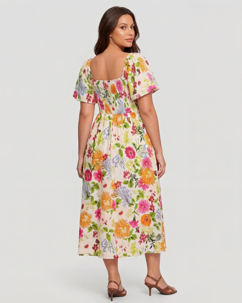 ⏰Sommer Heißer Verkauf 70% RABATT💃Geblümtes Smock-Kleid mit eckigem Ausschnitt und Taschen