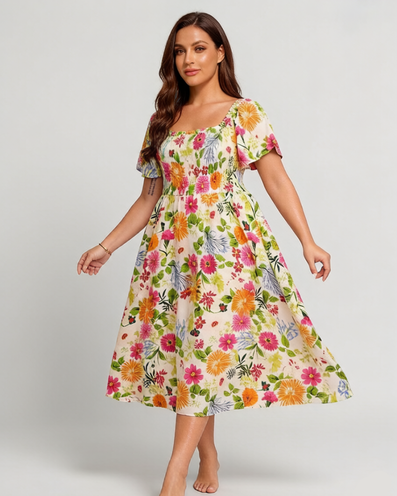 ⏰Sommer Heißer Verkauf 70% RABATT💃Geblümtes Smock-Kleid mit eckigem Ausschnitt und Taschen