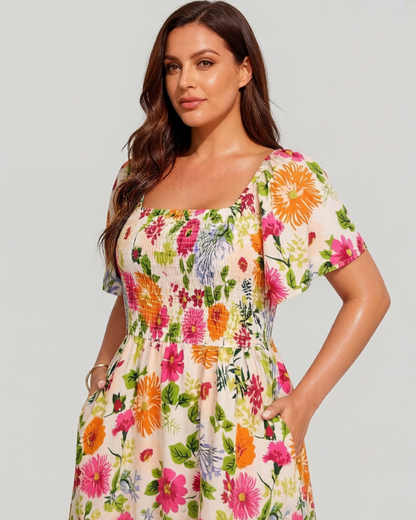 ⏰Sommer Heißer Verkauf 70% RABATT💃Geblümtes Smock-Kleid mit eckigem Ausschnitt und Taschen