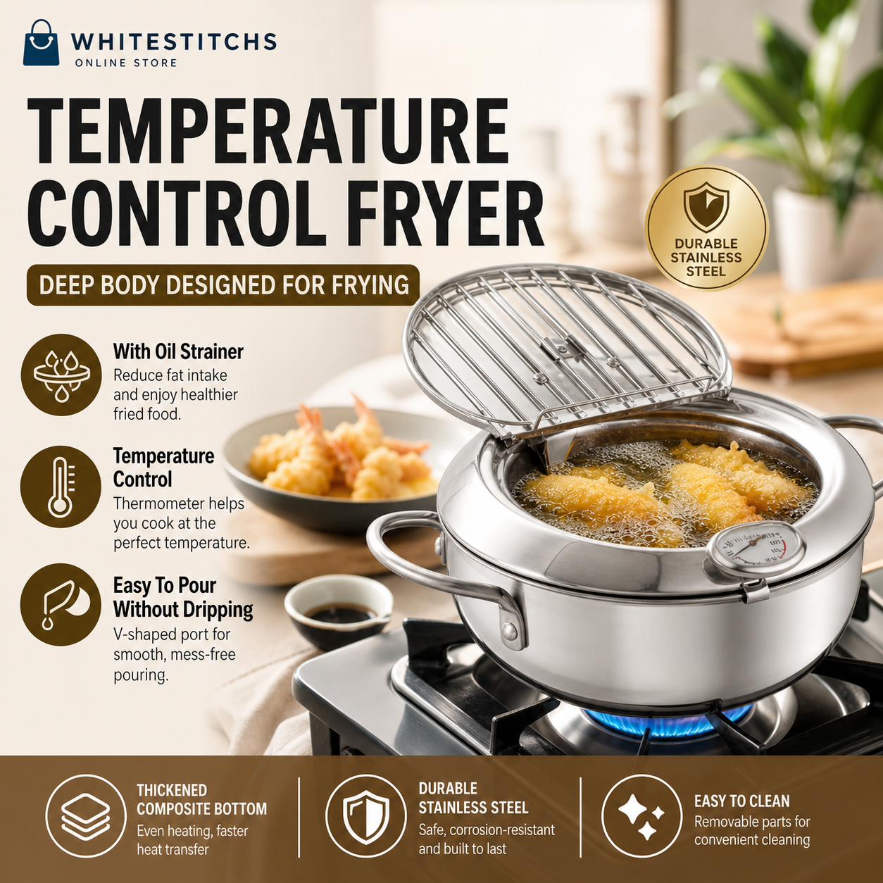 🍤 Nur für kurze Zeit: 50 % Rabatt! ⚡ Tempura-Fritteuse aus Edelstahl 201 – mit Thermometer, Abtropfgitter und tiefem Korpus ✨