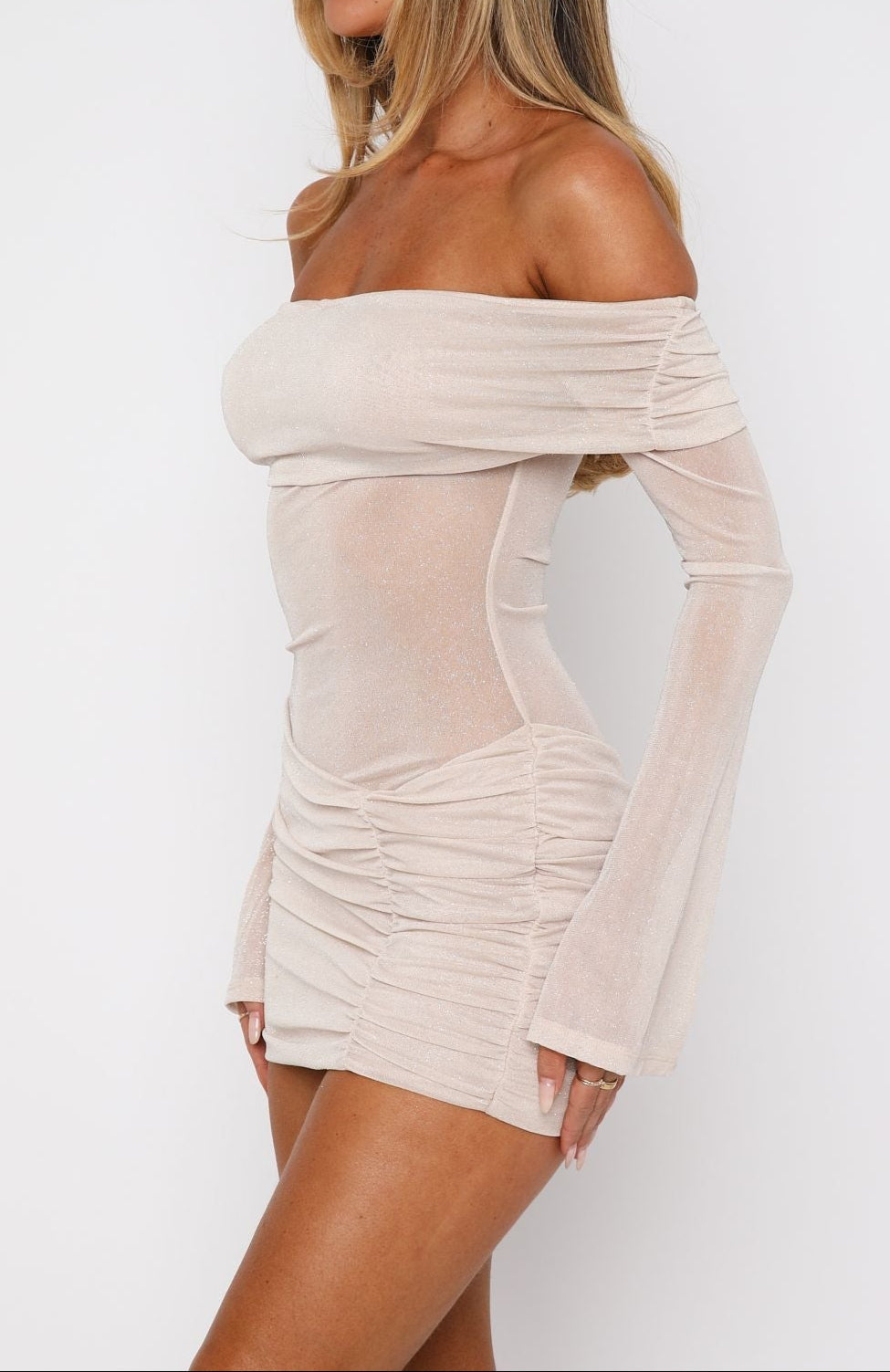 Ashley Glitter Mini Dress with Long Sleeves Champagne