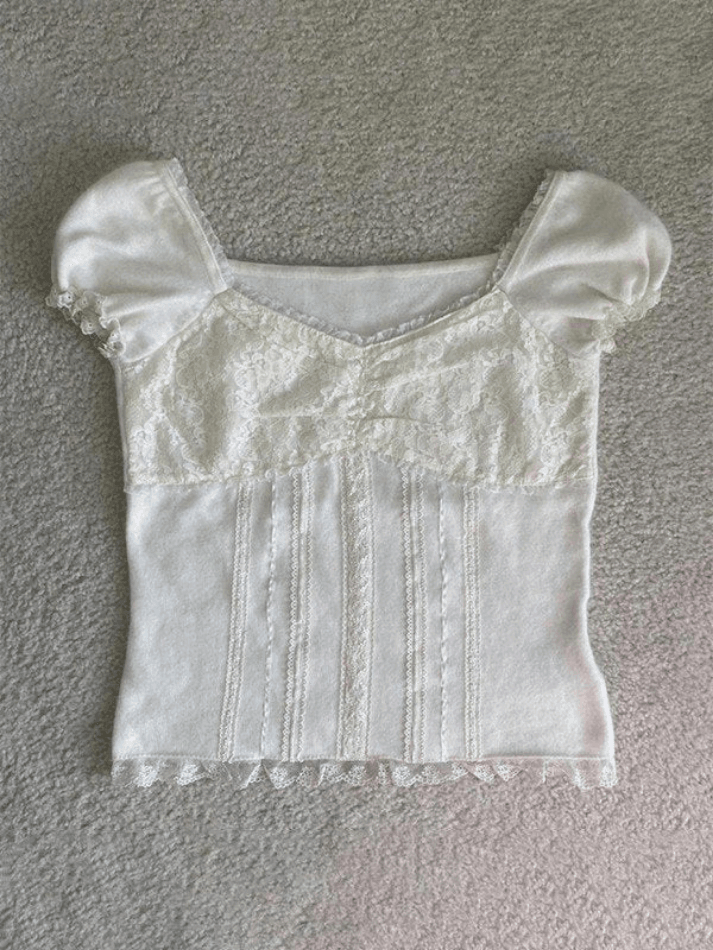 Weiße Vintage Spitzenbesatz Puffärmeln Bluse