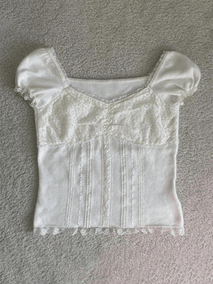 Weiße Vintage Spitzenbesatz Puffärmeln Bluse