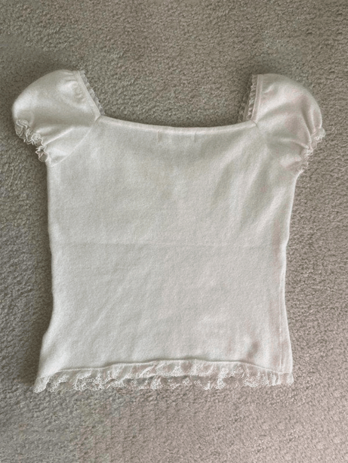 Weiße Vintage Spitzenbesatz Puffärmeln Bluse