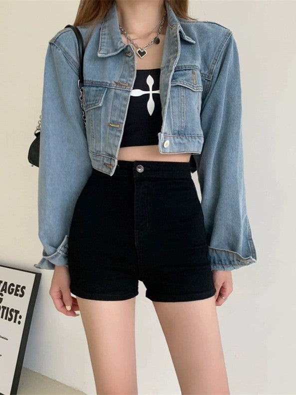 Schwarze Klassische Enganliegende Hochtaillierte Denim Shorts