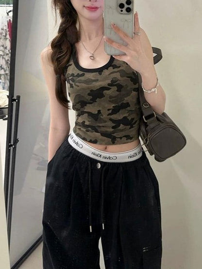 Vintage Camo U-Ausschnitt Crop Tank Top