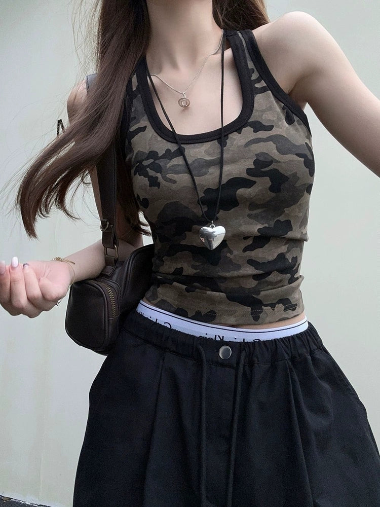 Vintage Camo U-Ausschnitt Crop Tank Top