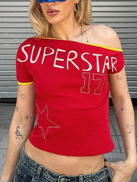 Rotes Vintage Buchstabendruck Ein Schulter Kurzarm Crop Top