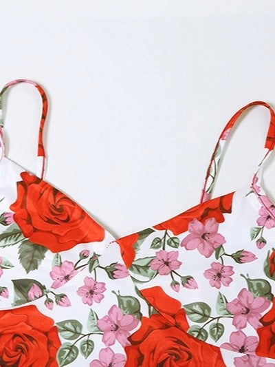 Rotes Vintage Blumendruck V-Ausschnitt Cami Top & Maxirock Set