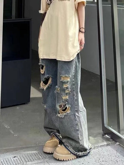 Blaue Hip Hop Distressed Ripped Effekt Boyfriend Jeans