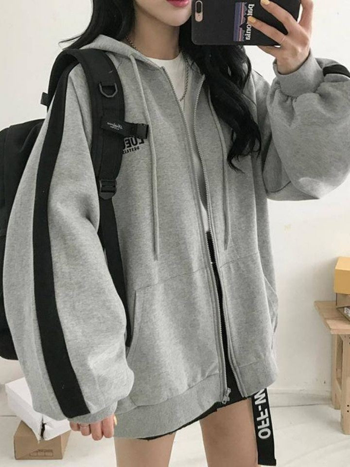 Graue Retro Übergroße Zipper Hoodie