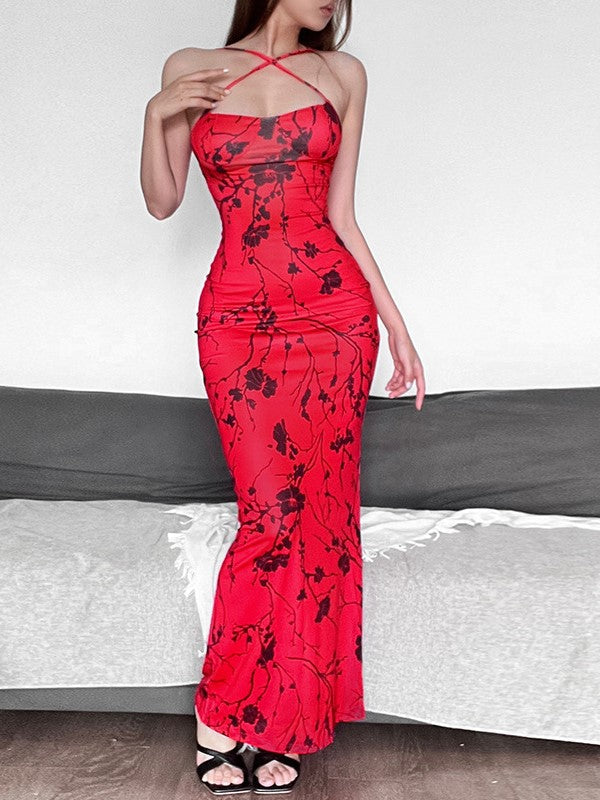 Rotes Druck Halter Maxikleid