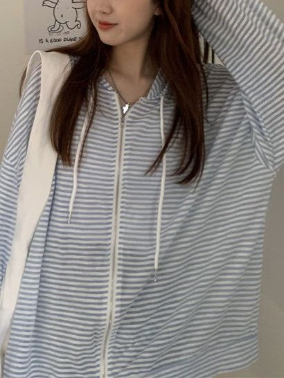 Vintage Stripe Zip Up Hoodie with Drawstring