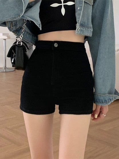 Schwarze Klassische Enganliegende Hochtaillierte Denim Shorts