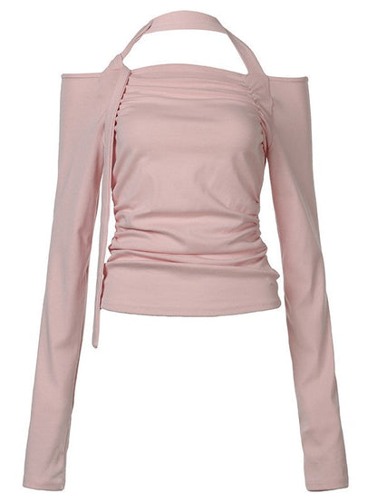 Halter Neck Tie Ruffle Long Sleeve Top