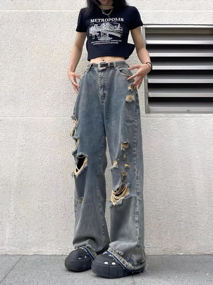 Blaue Hip Hop Distressed Ripped Effekt Boyfriend Jeans