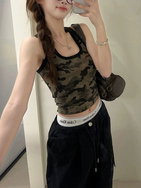 Vintage Camo U-Ausschnitt Crop Tank Top