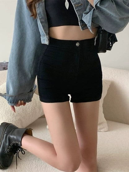 Schwarze Klassische Enganliegende Hochtaillierte Denim Shorts