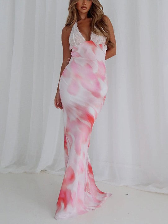 Printed Lace Backless Maxi Dress