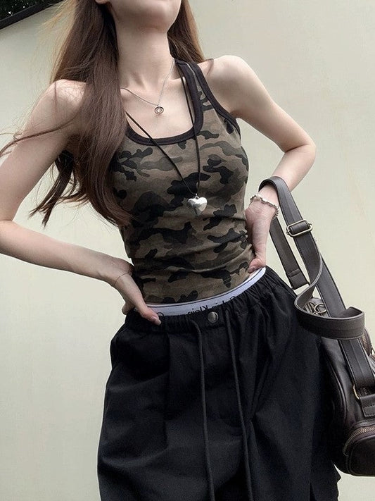 Vintage Camo U-Ausschnitt Crop Tank Top