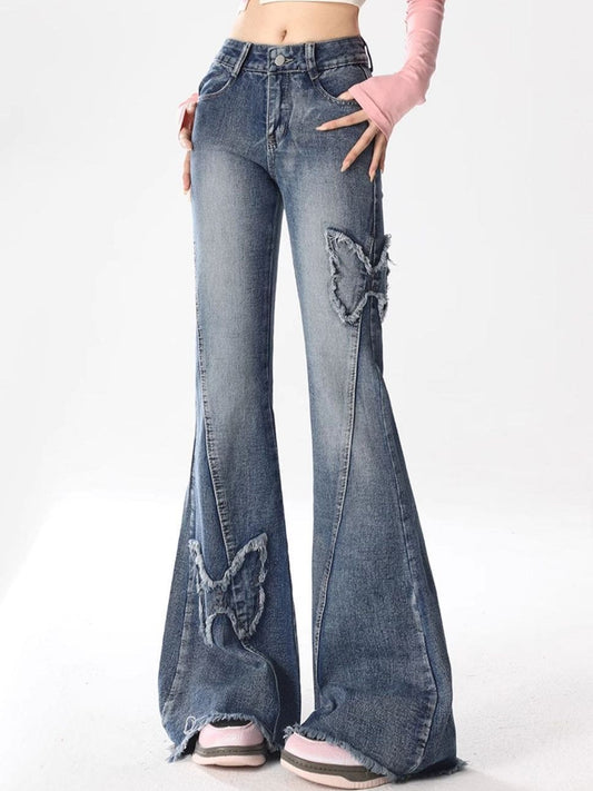 Y2K Schmetterling Bestickte High Waist Flare Jeans