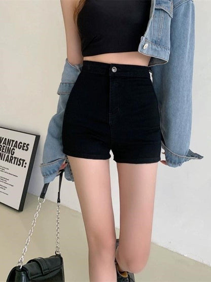 Schwarze Klassische Enganliegende Hochtaillierte Denim Shorts