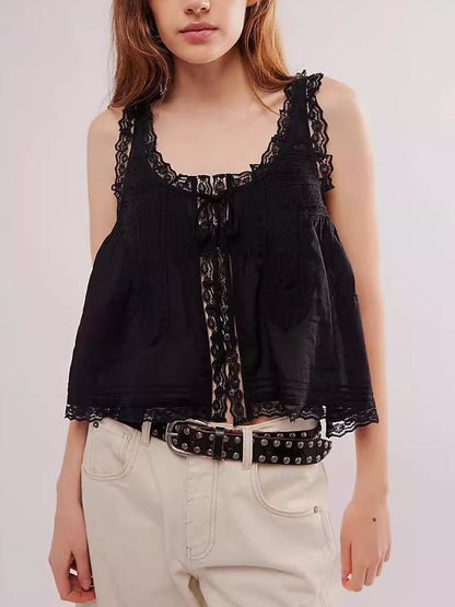 Vintage Hollow Out Ruffle Cardigan Tank Top