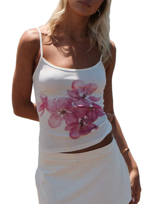 Top cami com estampa floral vintage e recorte traseiro fino